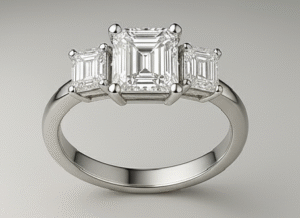 טבעת Three-Stone (שלוש אבנים) אלגנטית עם יהלום מרכזי בצורת Emerald (אמרלד)