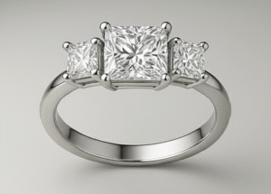 טבעת Three-Stone (שלוש אבנים) יוקרתית עם יהלום מרכזי בצורת Princess (פרינסס