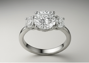 טבעת Three-Stone (שלוש אבנים) קלאסית עם יהלום מרכזי בצורת Round Brilliant (עגול מבריק)