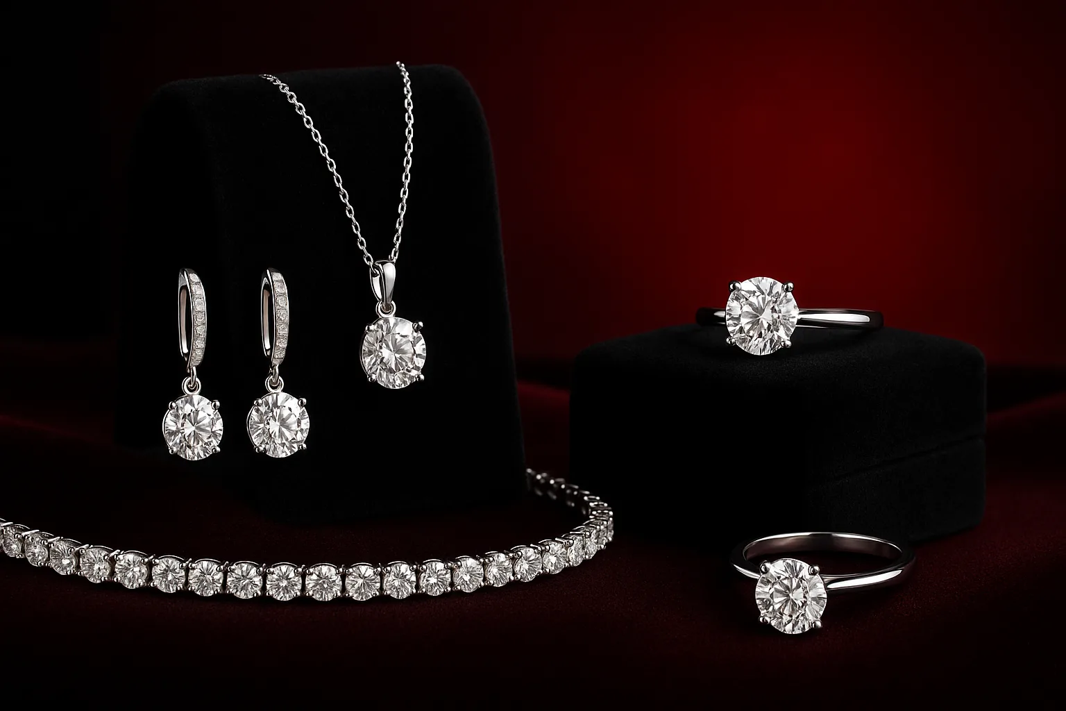 Diamond jewelry set on burgundy velvet